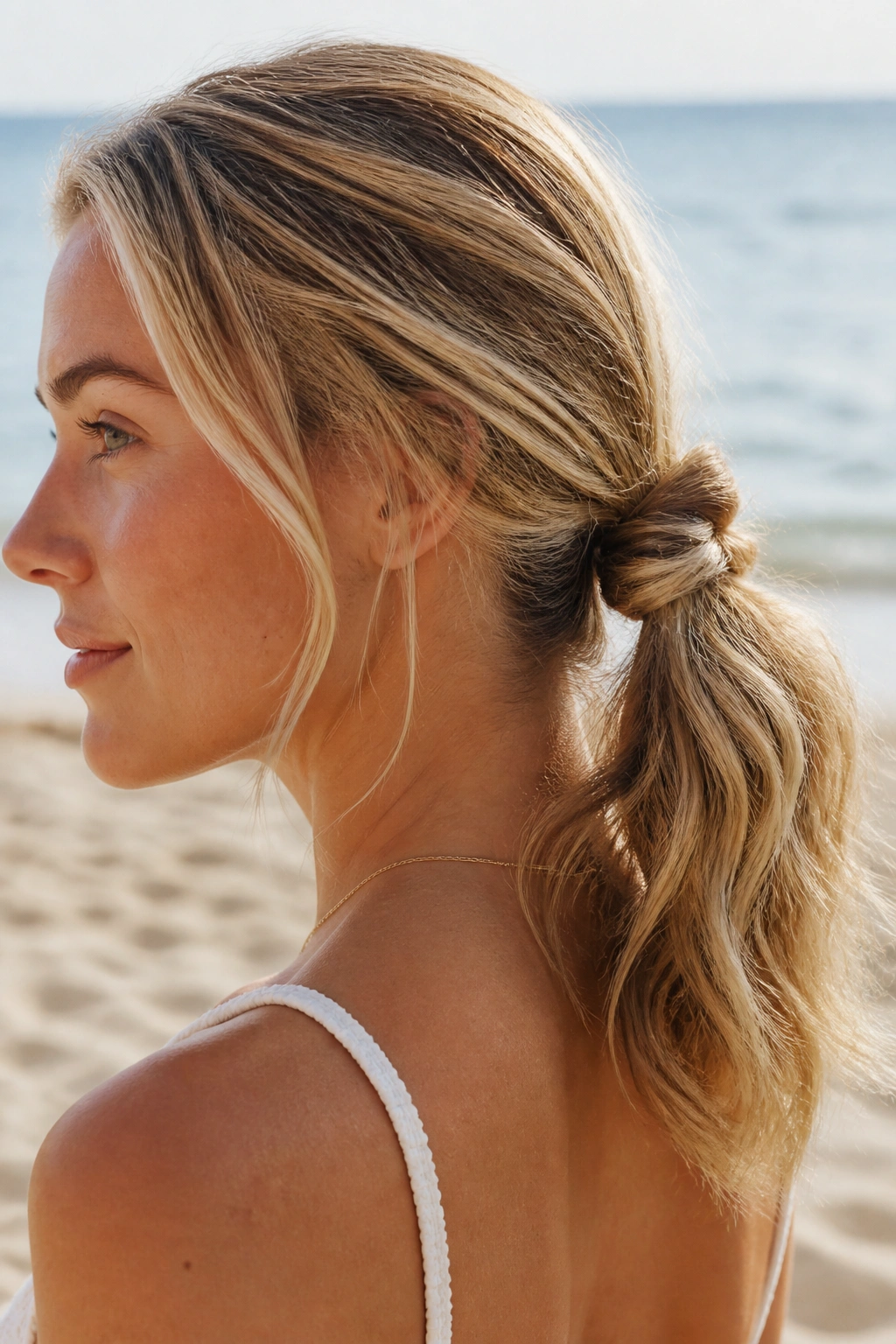 Close-up of a real woman with a knot ponytail at the beach.