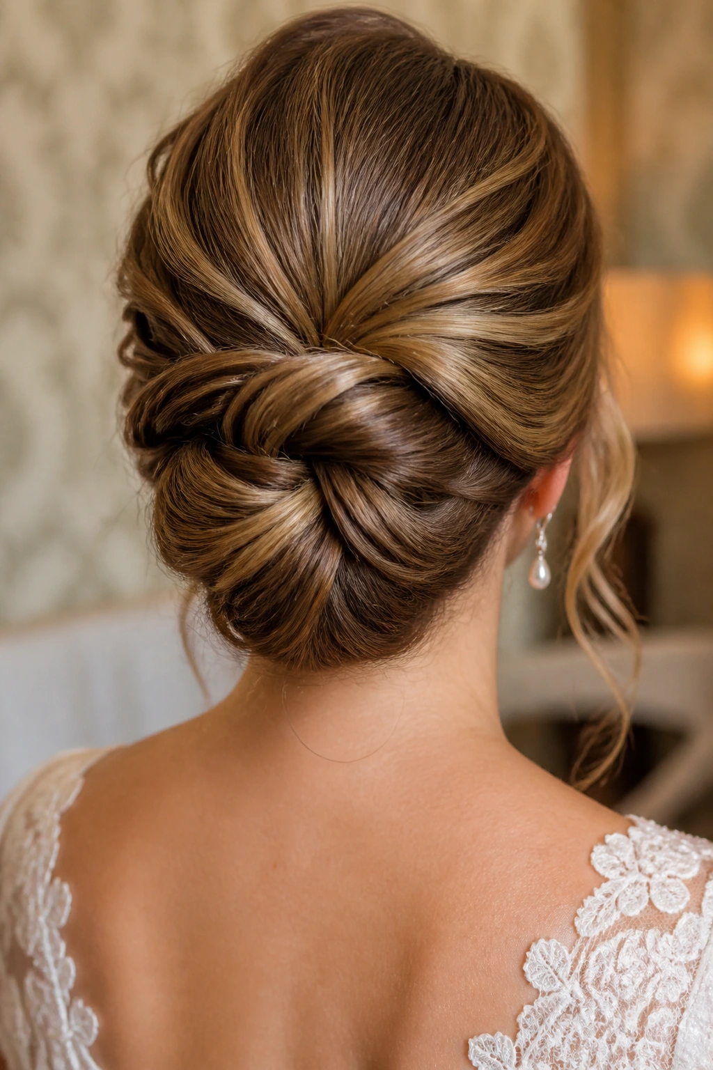 Back view of knot-and-tuck updo on real bride
