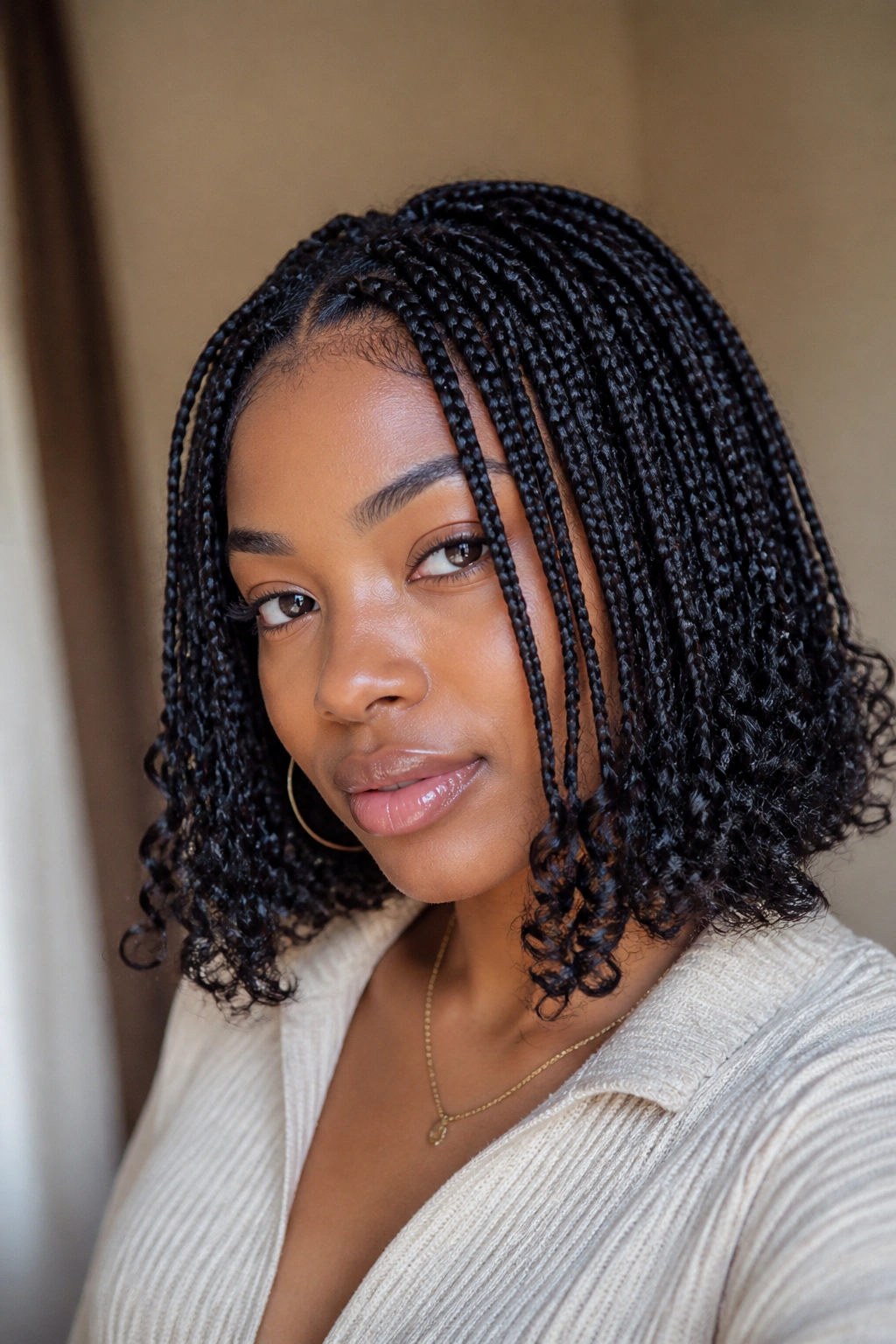 Close-up of a real woman with knotless bob and airy curly tips
