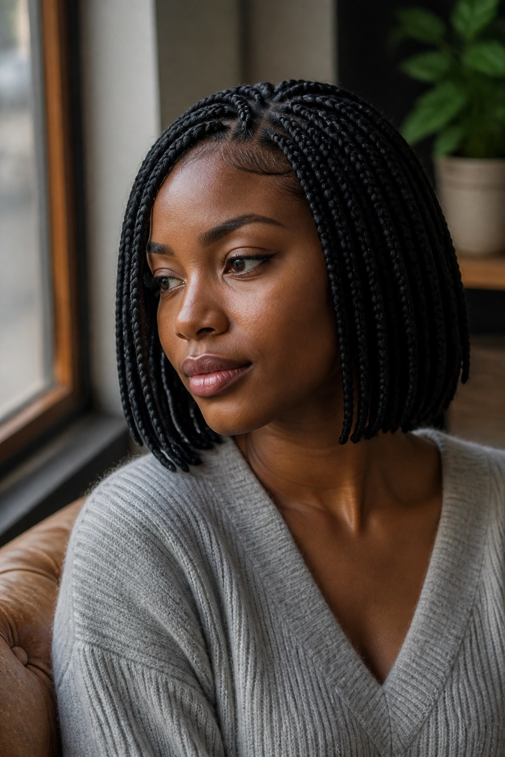 Close-up of a real woman with knotless bob braids in soft window light