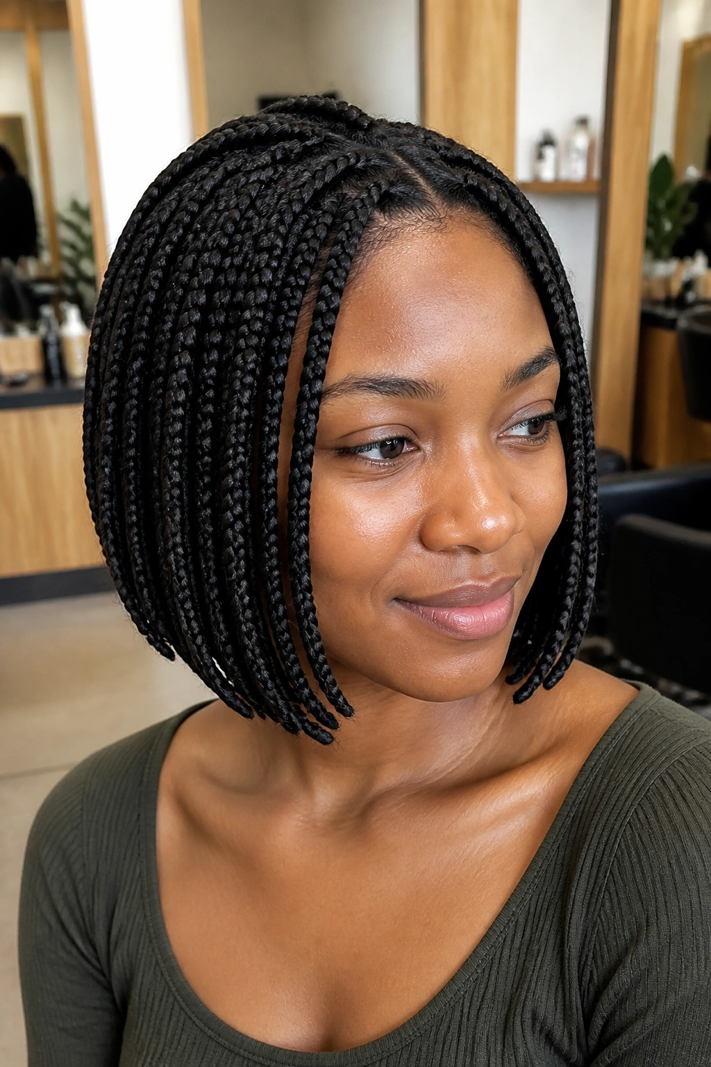 Close-up of a woman with knotless short box braids bob and flat roots
