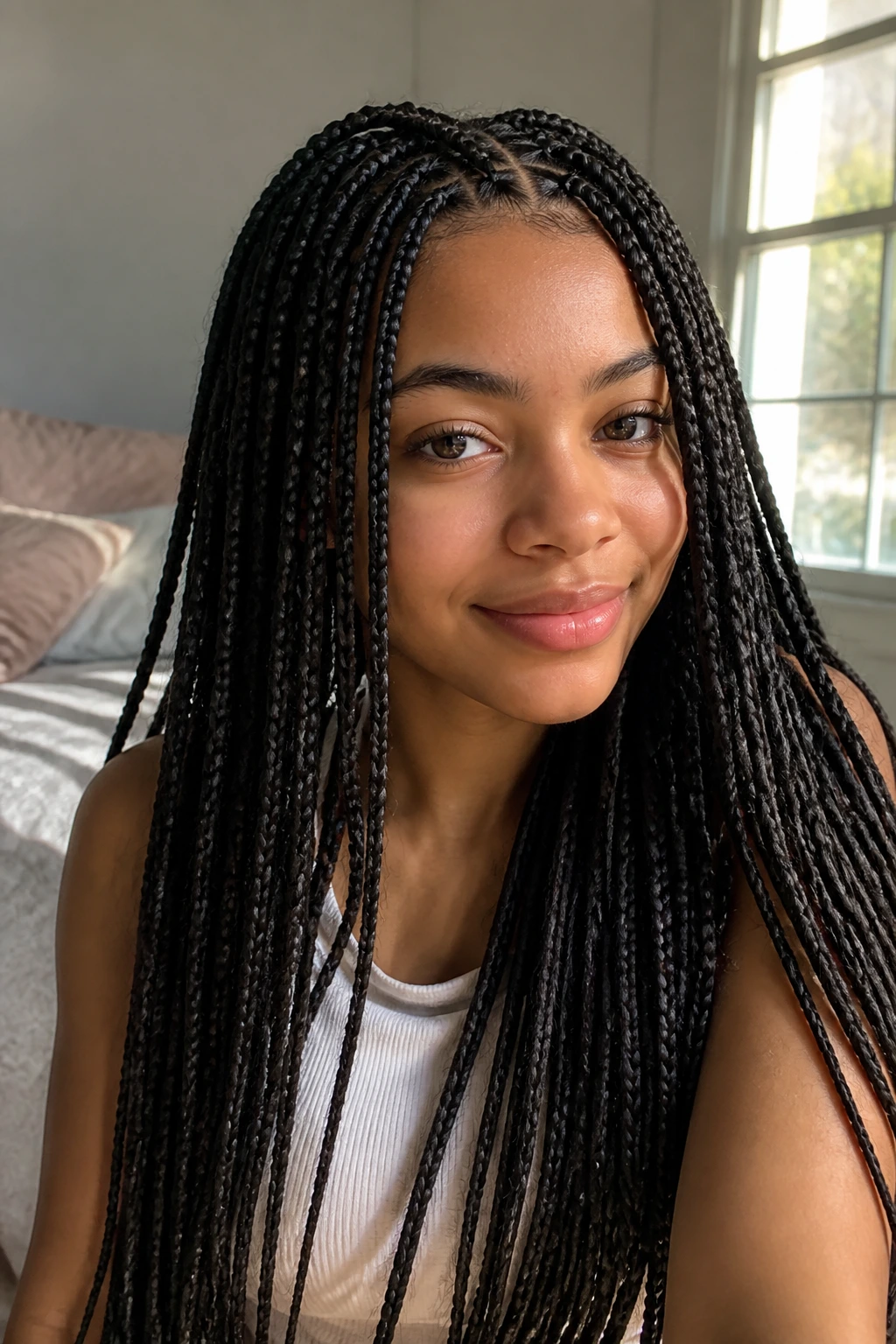 Close-up portrait of a teen girl with knotless box braids that sit light in a sunlit bedroom