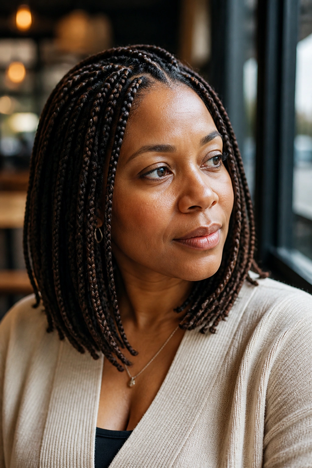 Close-up of a real woman with knotless box braids framing her head.