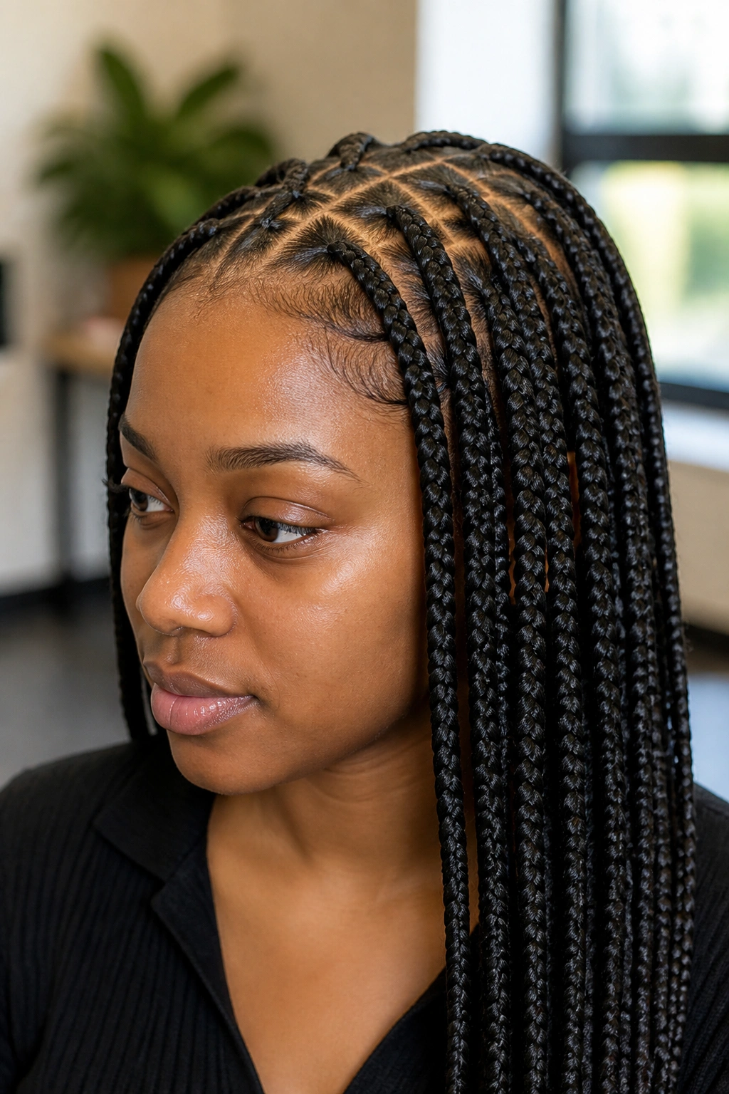 Close-up portrait of a real woman with knotless box braids and a flat, light root.