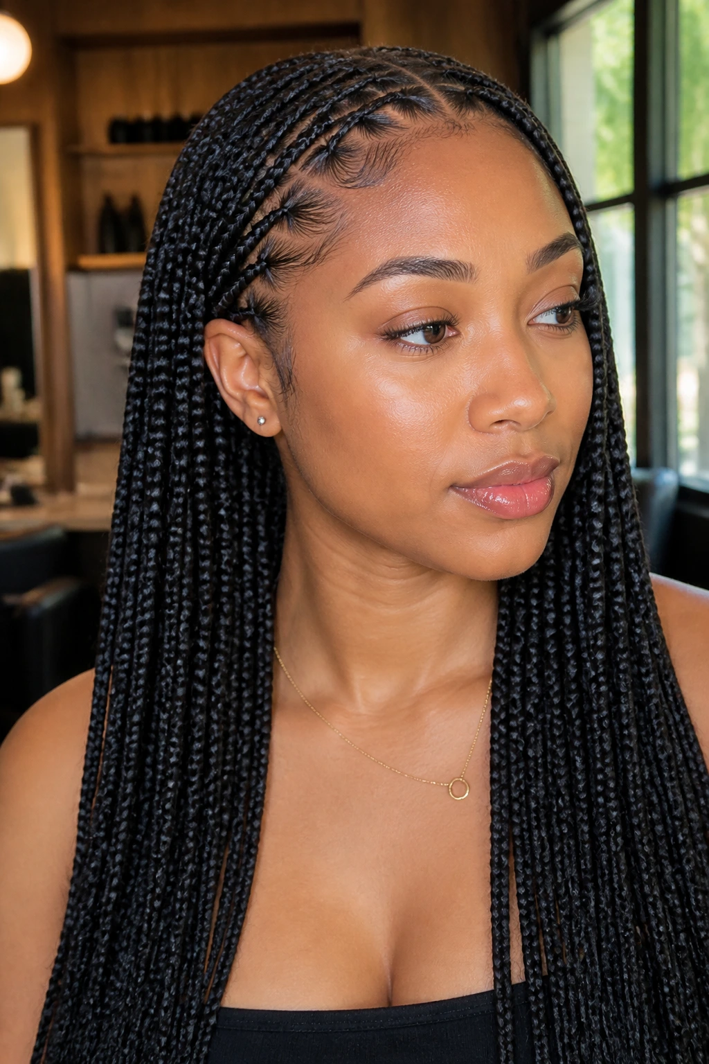 Close-up of a real woman with knotless box braids in a warm salon
