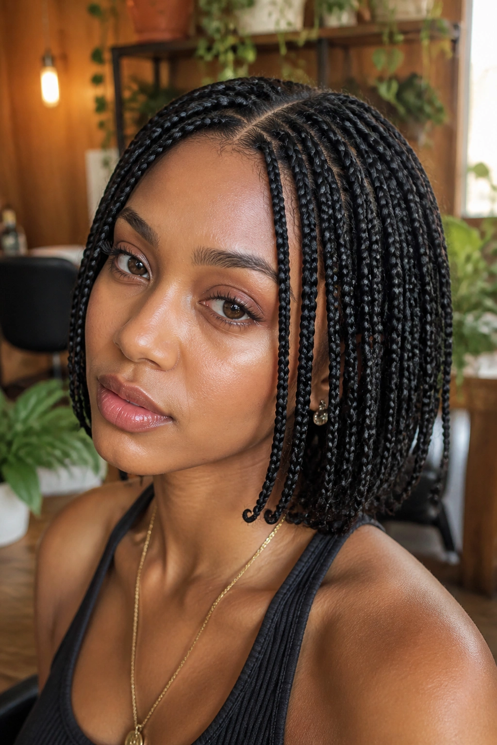 Close-up portrait of a real woman with short knotless box braids in a warm salon setting