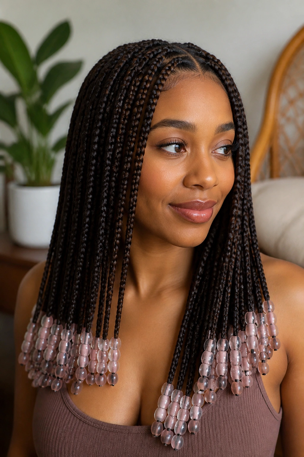 Knotless box braids with soft-tinted beads on a real person