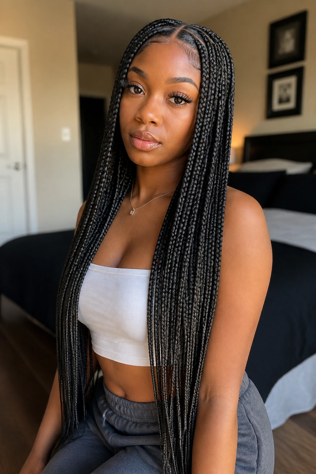 Close-up portrait of a real woman with waist-length knotless box braids
