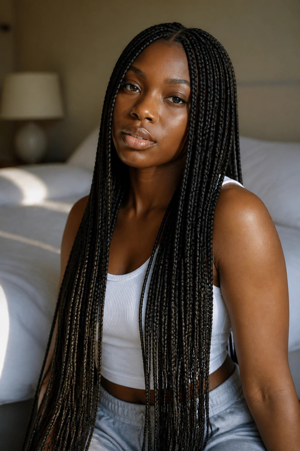 Close-up of real Black woman with waist-length knotless box braids in natural bedroom lighting
