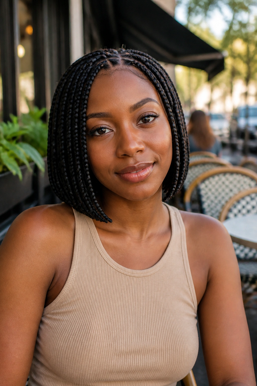 Close-up of a real woman with a knotless braided bob in outdoor light