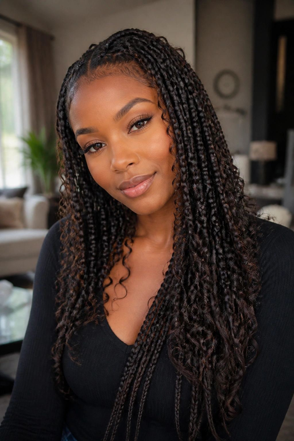 Portrait of a real person with knotless braids and small curls