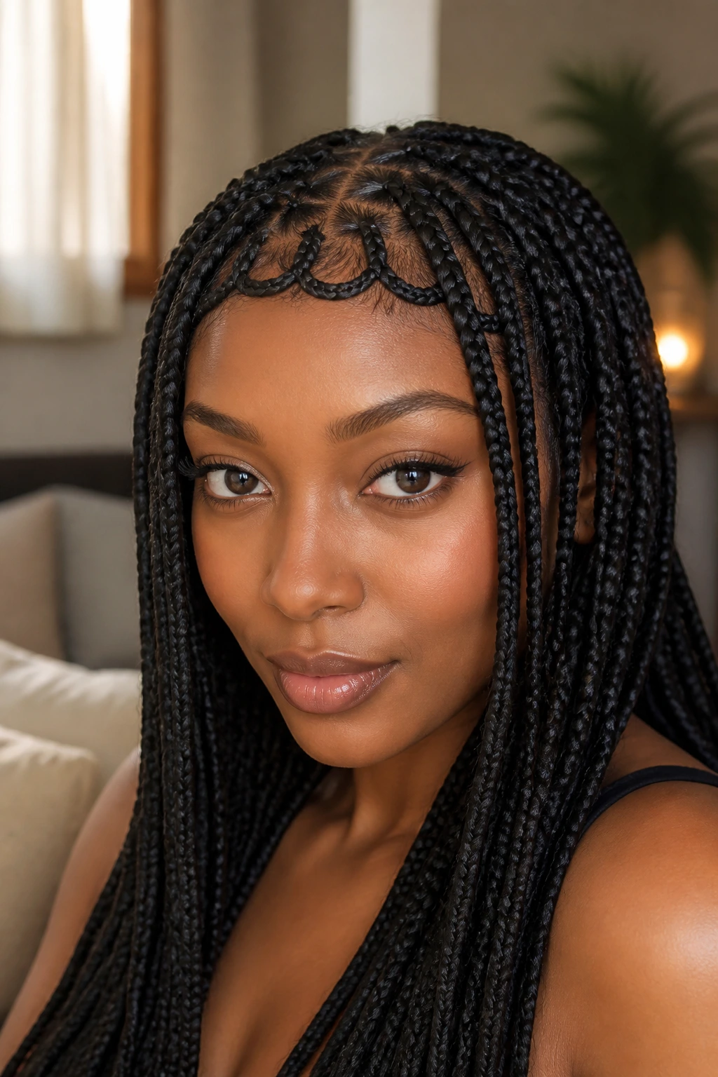 Real woman with knotless box braids and a braided fringe framing the face