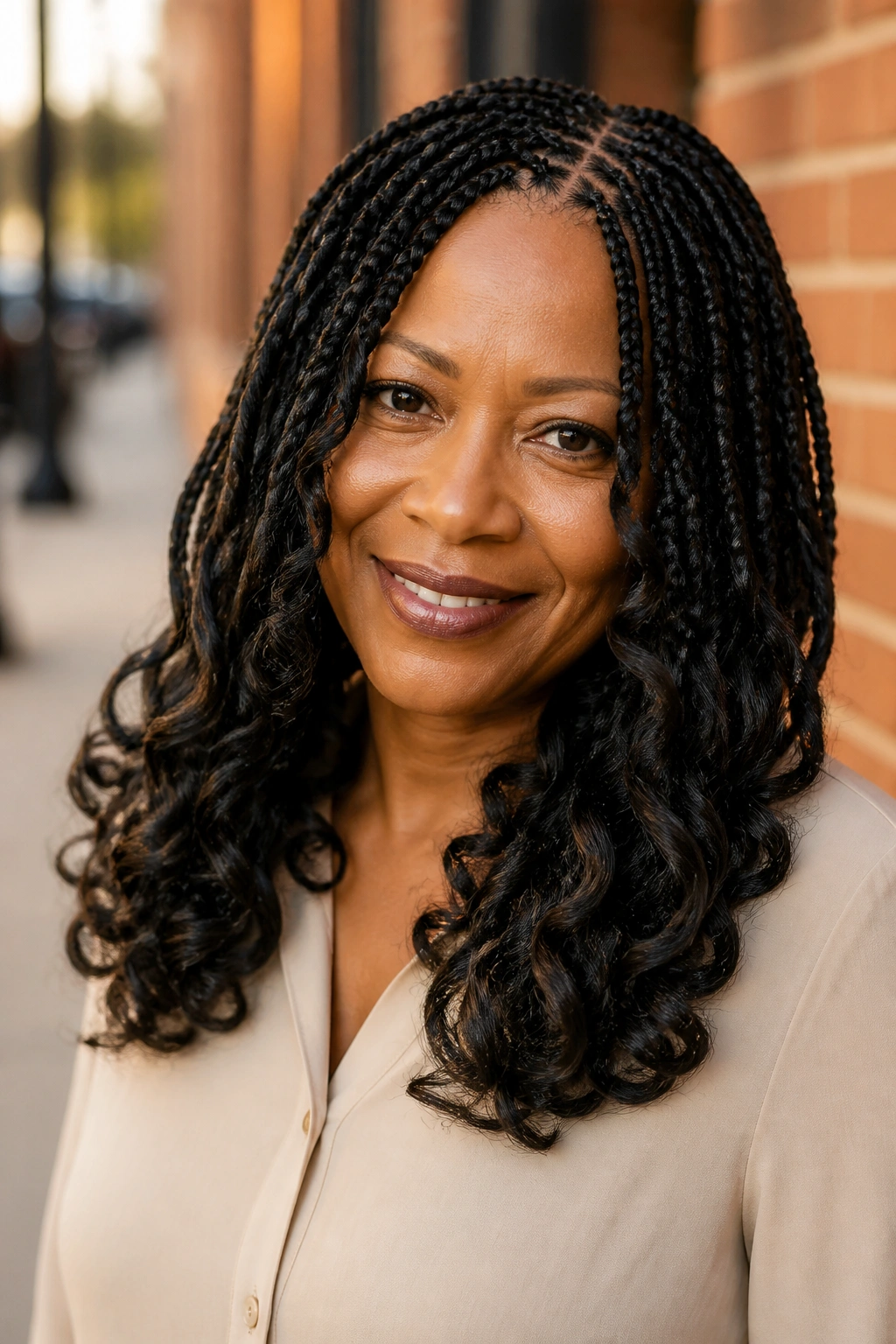Real woman with medium knotless braids and curled ends