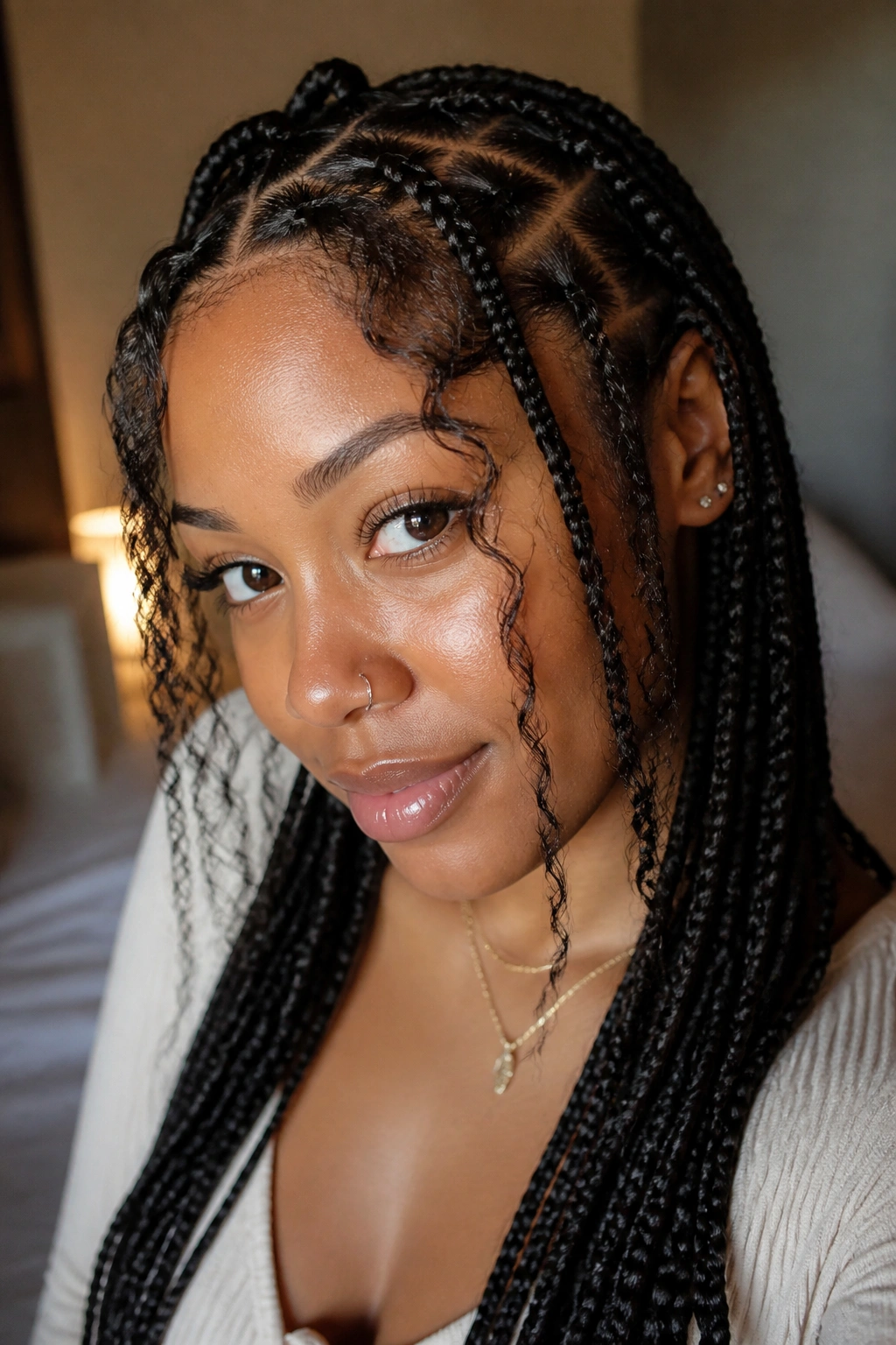 Close-up of a real person wearing knotless braids with face-framing texture