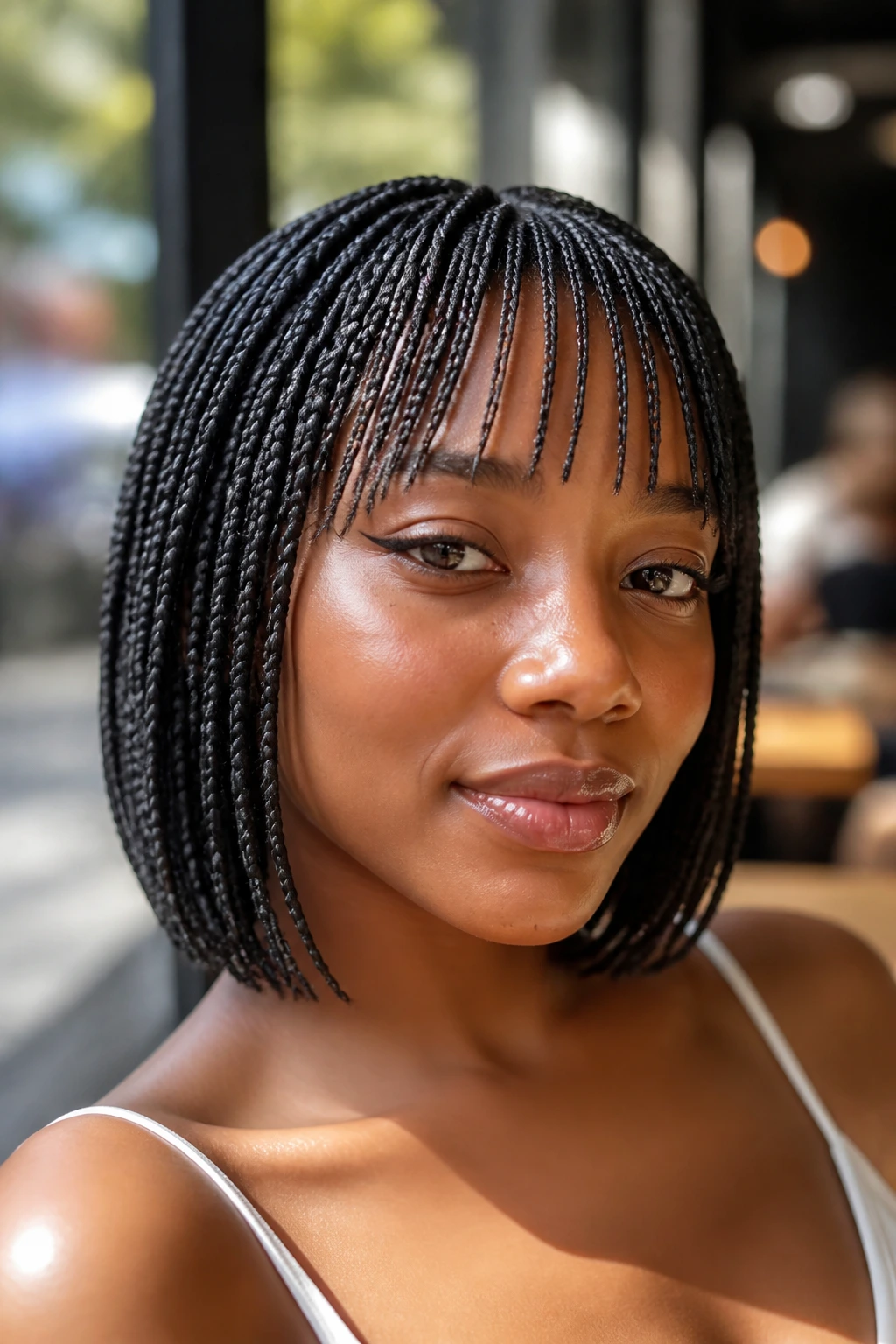 Close-up of a woman with knotless short box braids and feather-light fringe in natural light