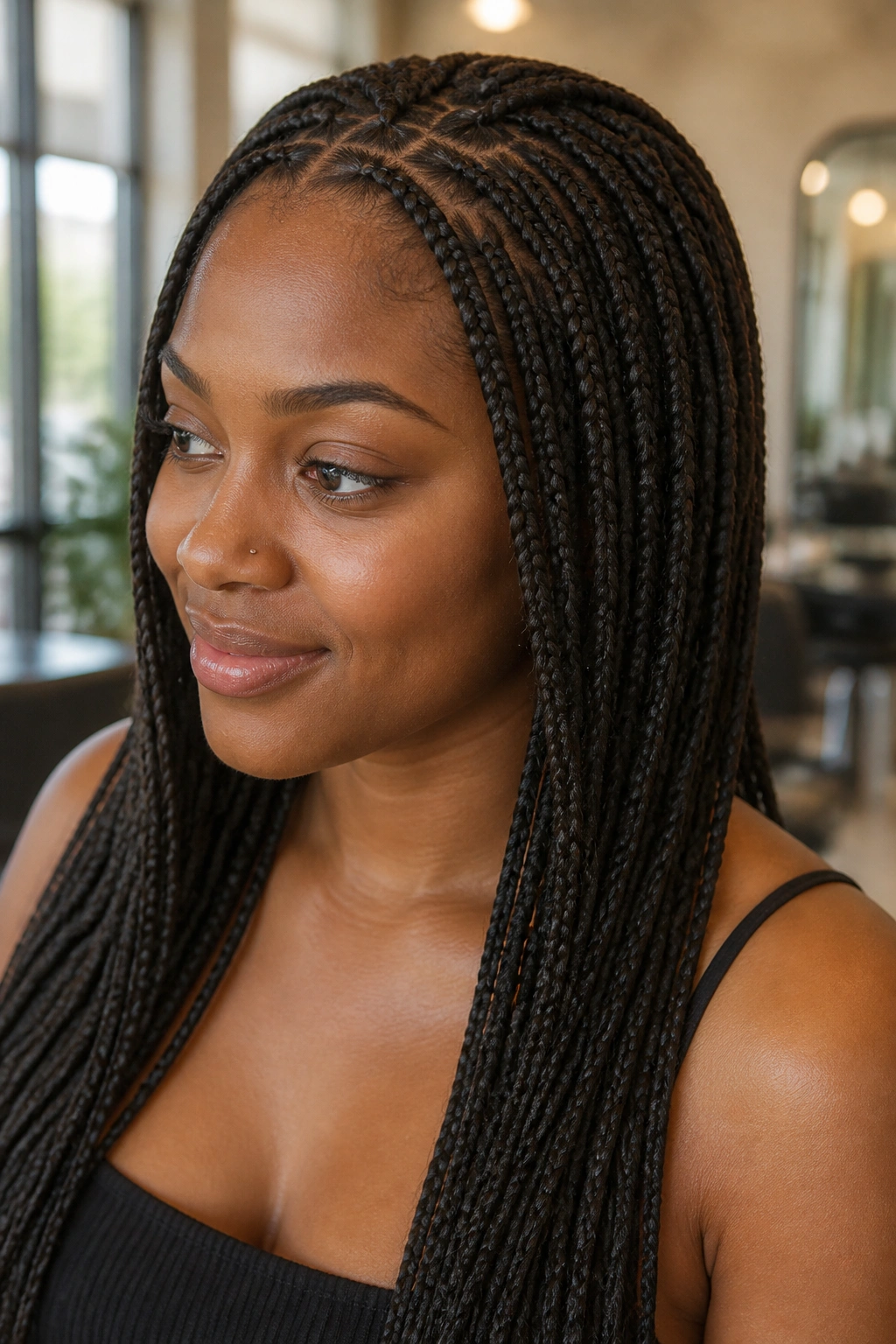 Close-up portrait of a real woman with knotless braids lying flat at the scalp