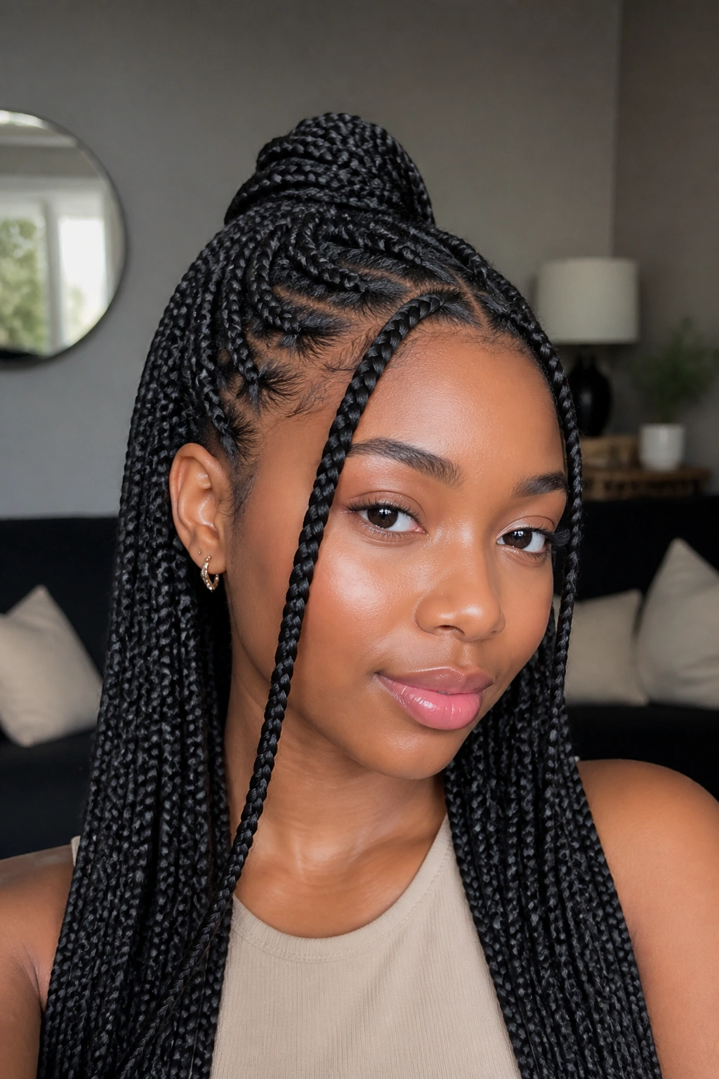 Close-up of knotless half-up braids with a front braid