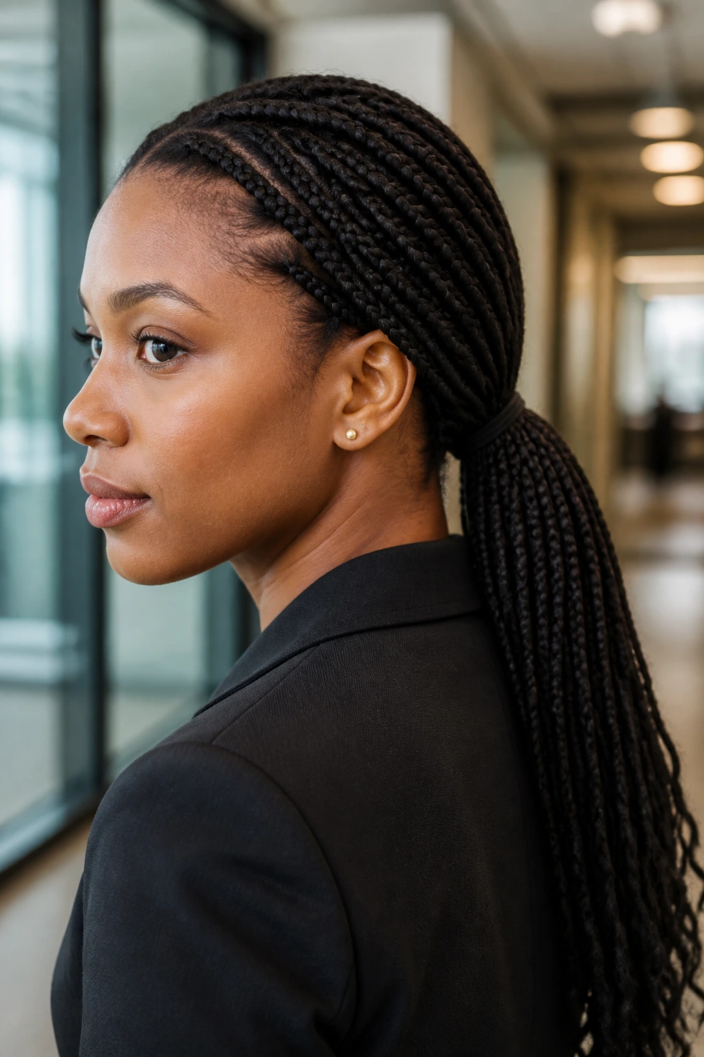 Close-up of a real woman with knotless braids in a low ponytail