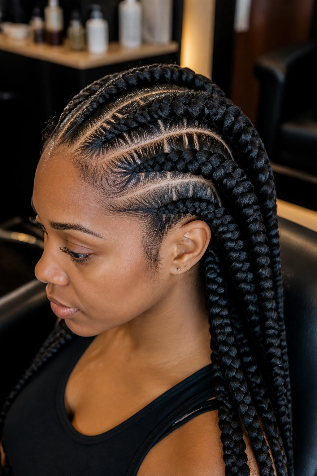 Close-up of Thick Knotless Braids lying flat against the scalp on a real person