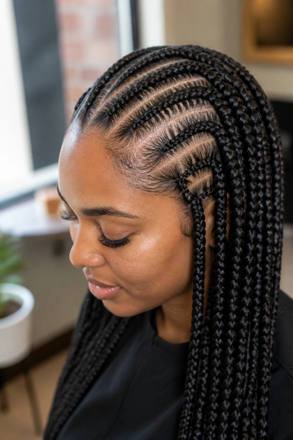 Close-up portrait of knotless box braids on a real woman in a warm salon