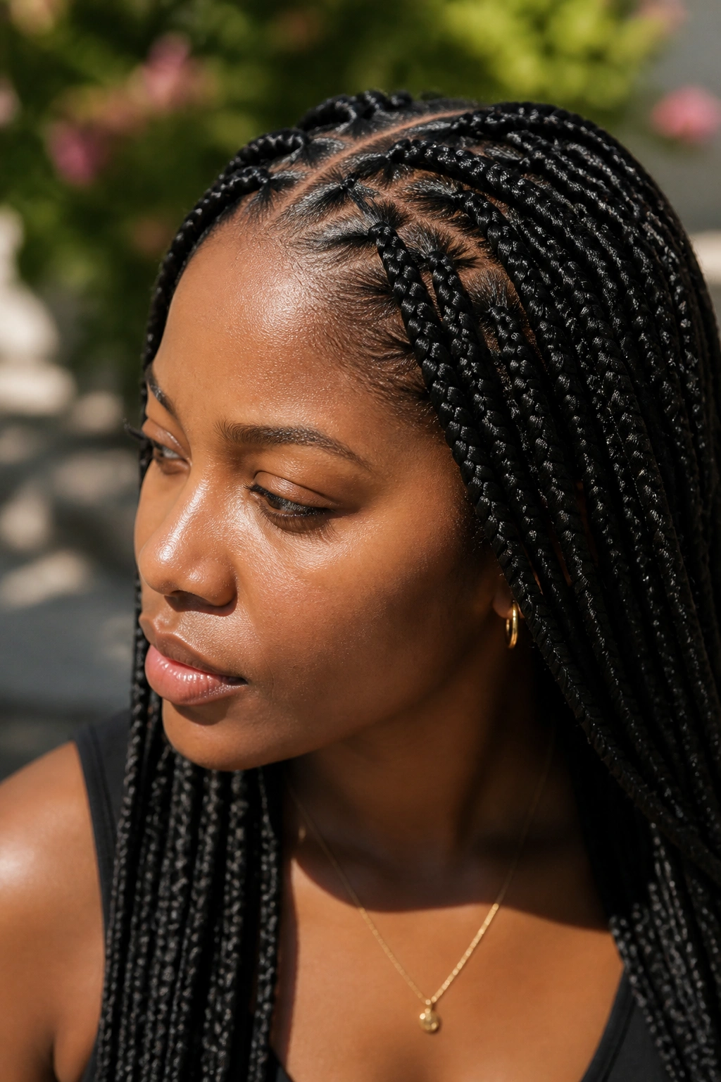Close-up portrait of a real woman with knotless braids in natural daylight