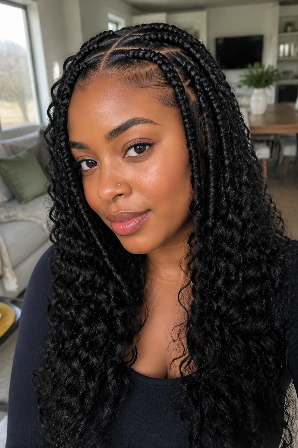 Close-up of knotless goddess braids on a real woman's head showing a natural root.