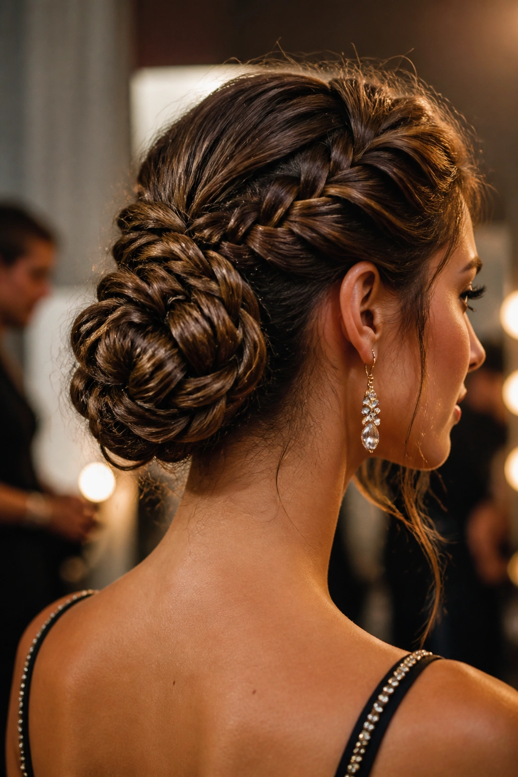 Knotted braid bun close-up on real head with knotted texture