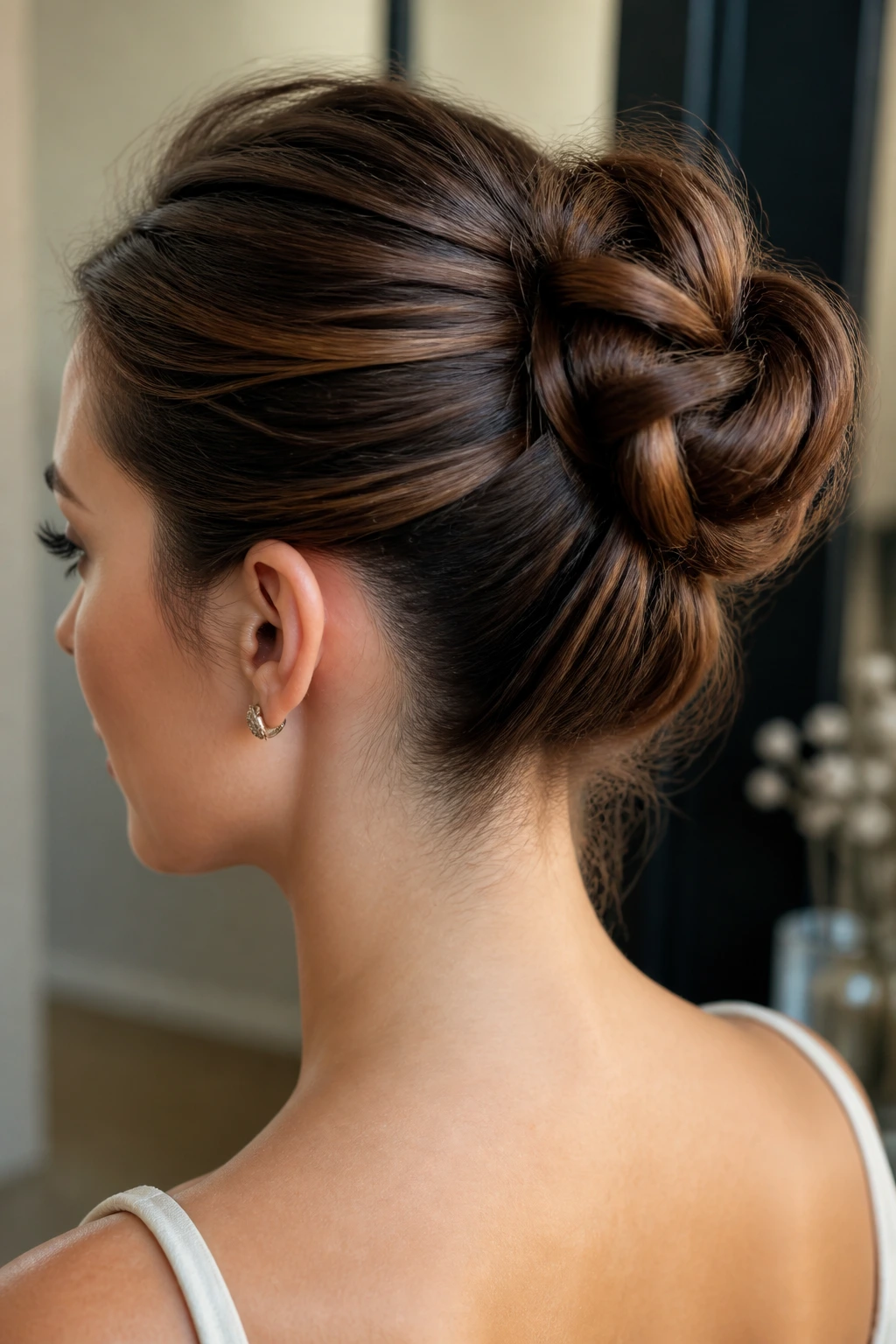 Close-up of a woman with a knotted bun at the back.