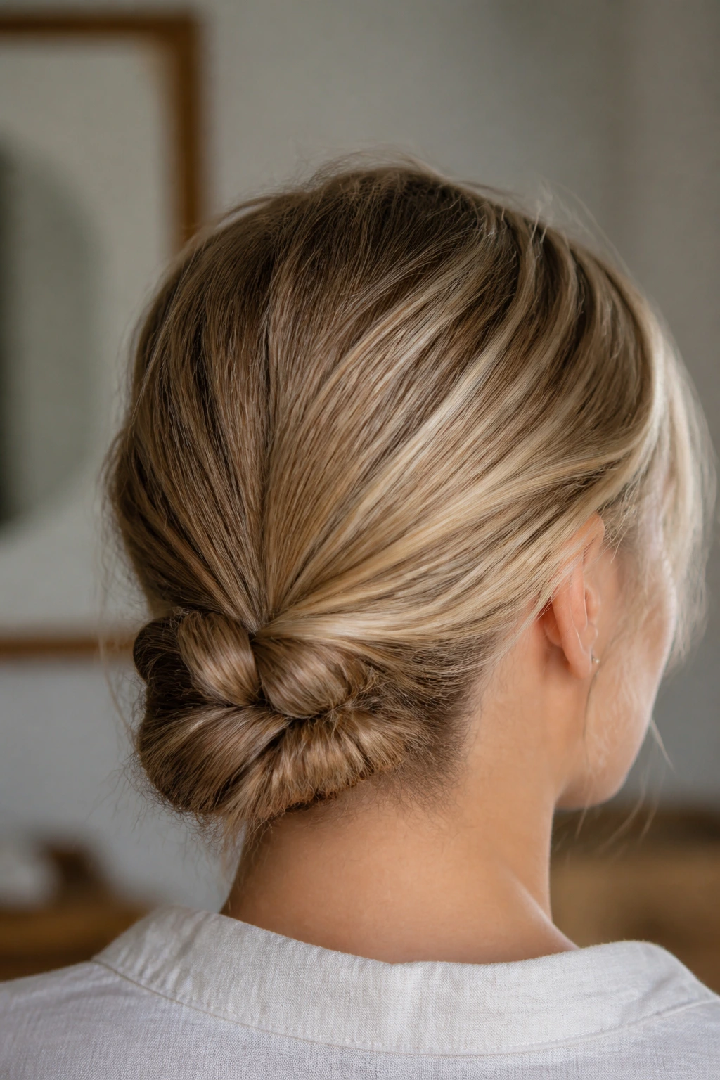 Close-up of real woman with a knotted bun at the back