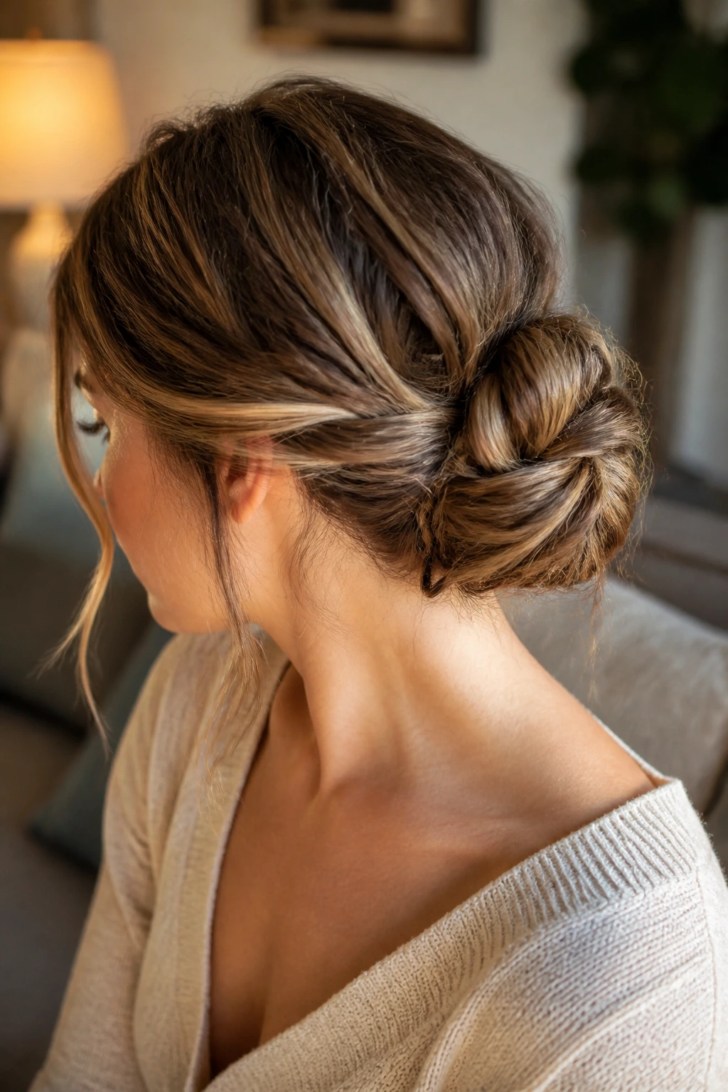 Close-up of a real woman with a knotted messy bun in a living room setting