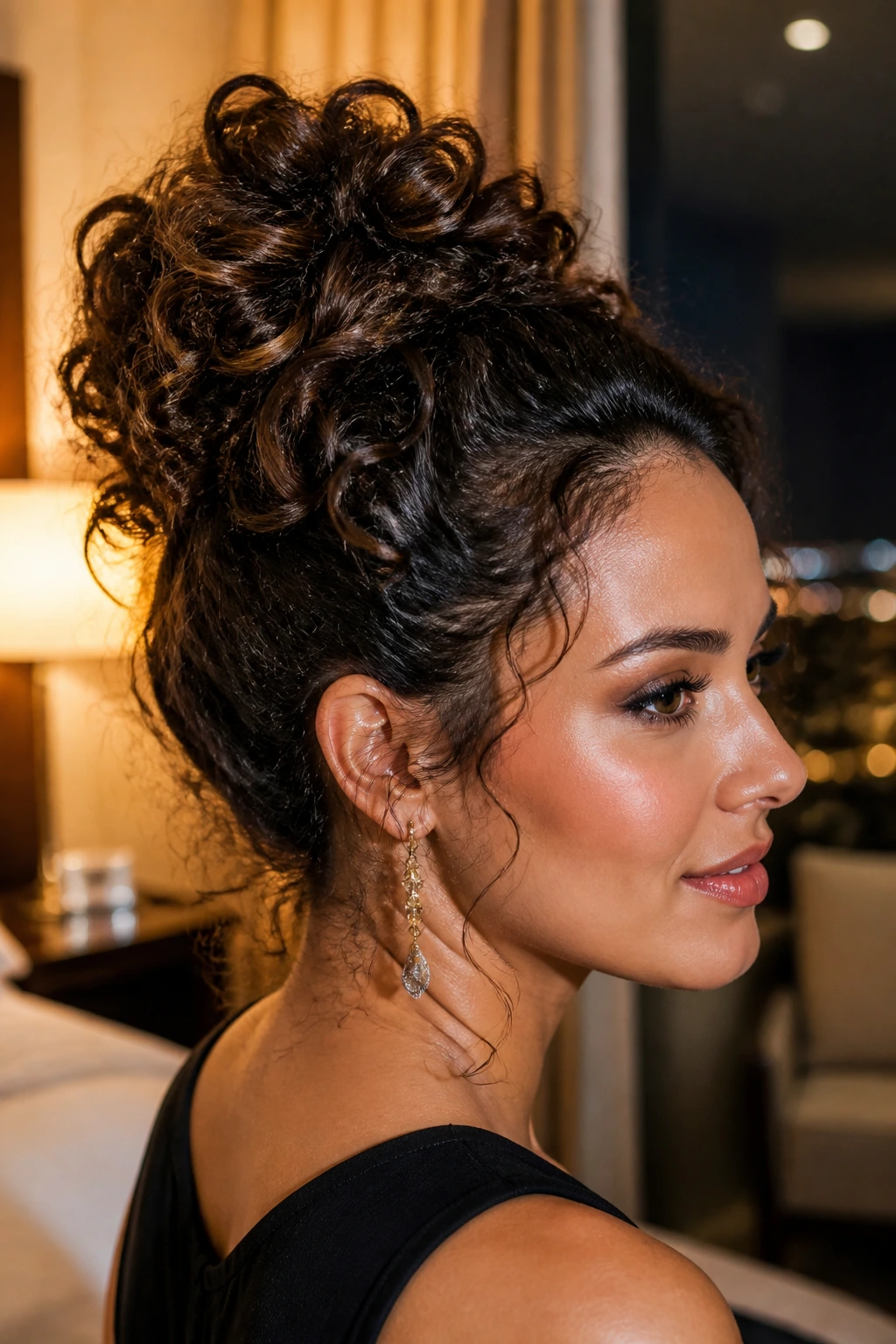 Close-up portrait of a real woman with knotted curly bun