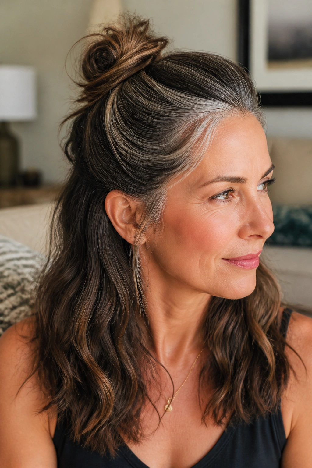 Close-up of a woman with a knotted half-up bun and front gray streaks