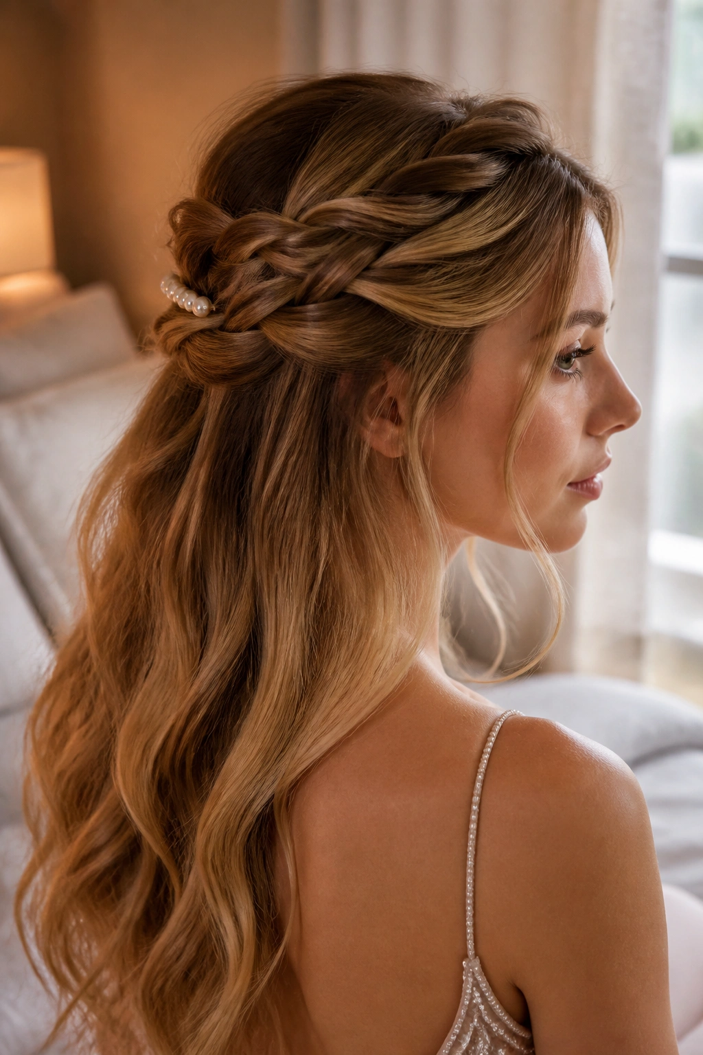 Close-up of a real woman wearing a knotted half-up crown with crown knots and a pearl clip in warm bedroom light