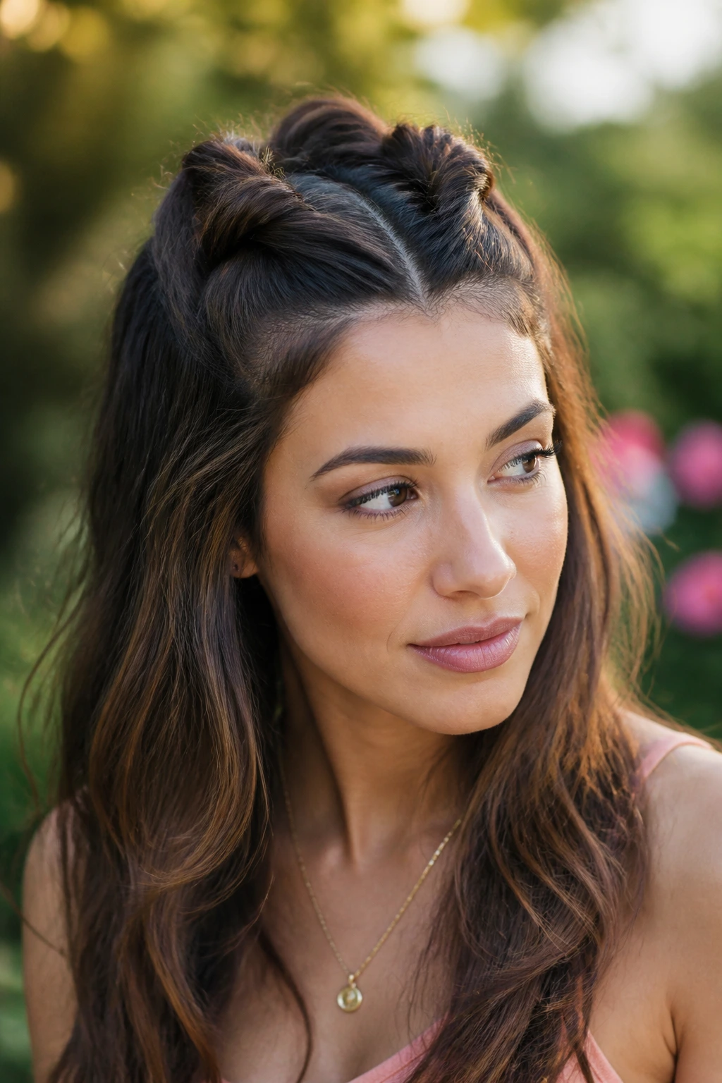 Close-up of a real woman wearing knotted half-up hairstyle with front sections tied back in a garden setting