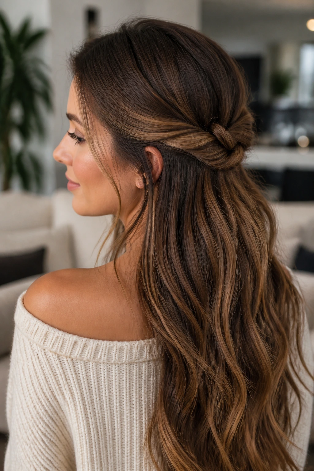 Real woman showing knotted half-up hairstyle with hidden pins