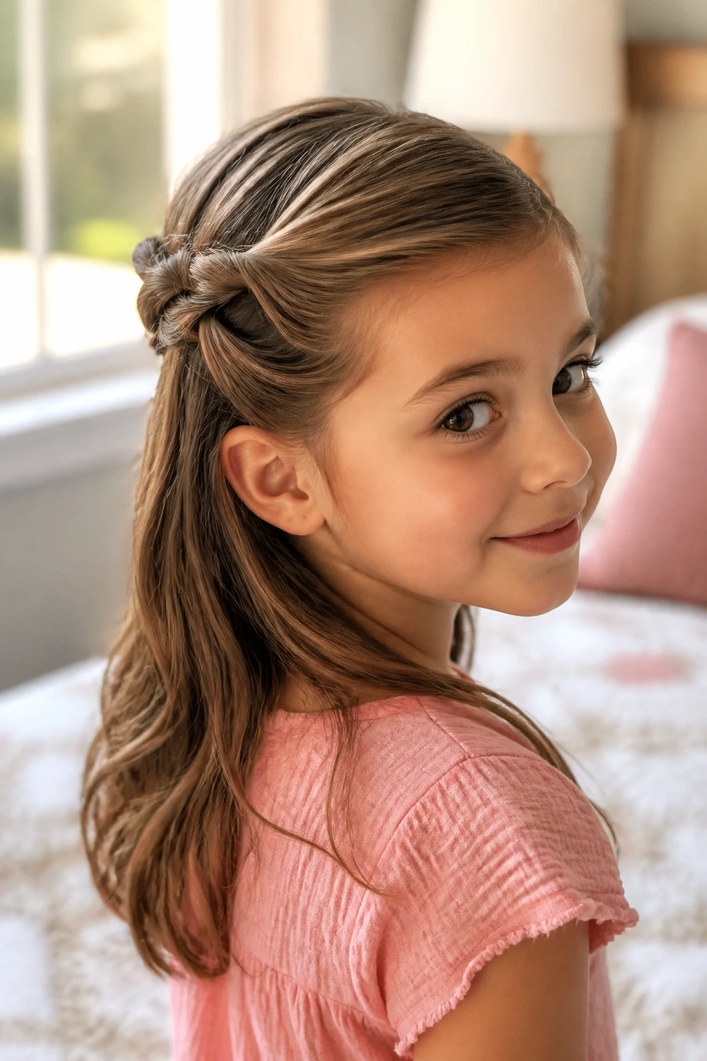 Close-up of Knotted Half-Up hairstyle on a real child in a cozy bedroom with natural light