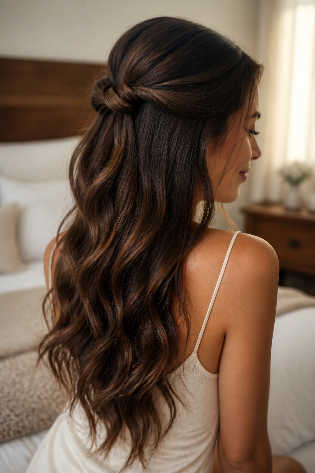 Close-up of a real woman showing knotted half-up hairstyle with two front sections tied at the crown