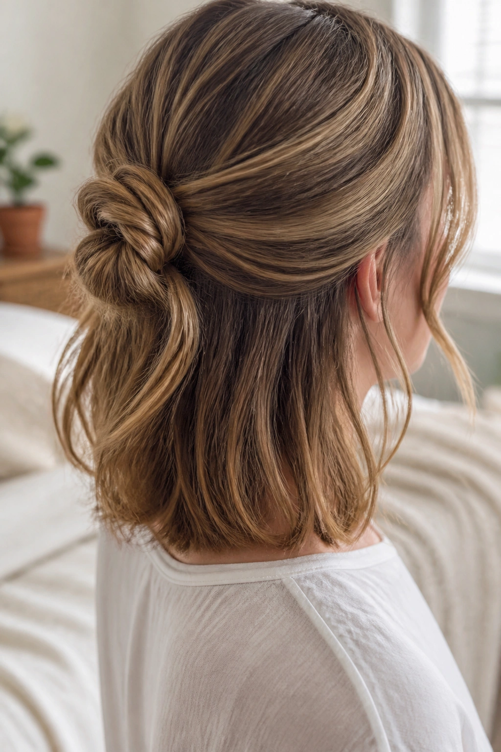 Close-up of a real woman wearing a knotted half updo with a back knot near the crown