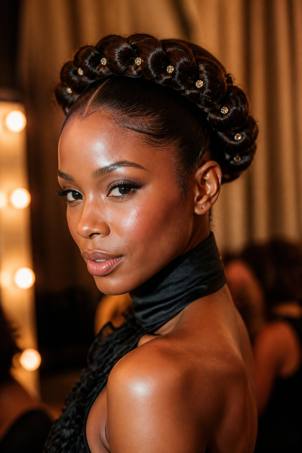 Close-up portrait of a real woman wearing The Knotted Halo Updo with a crown-like halo of knots