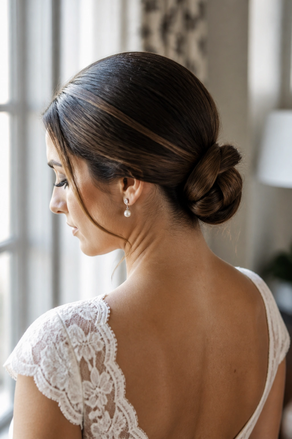 Close-up of a real bride with a knot under the occipital bone, a tailored low bun.