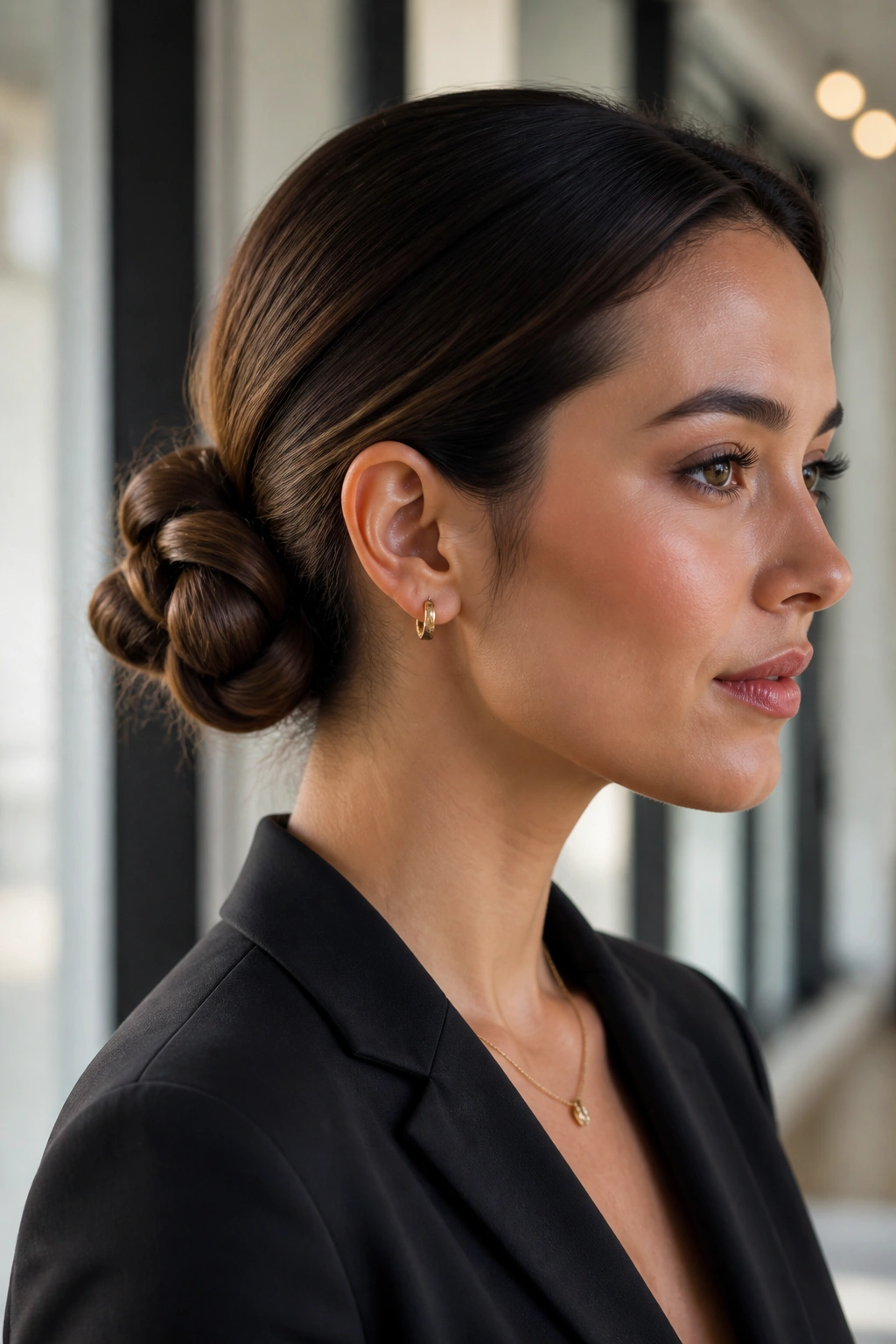 Close-up of knotted low chignon on a real person.