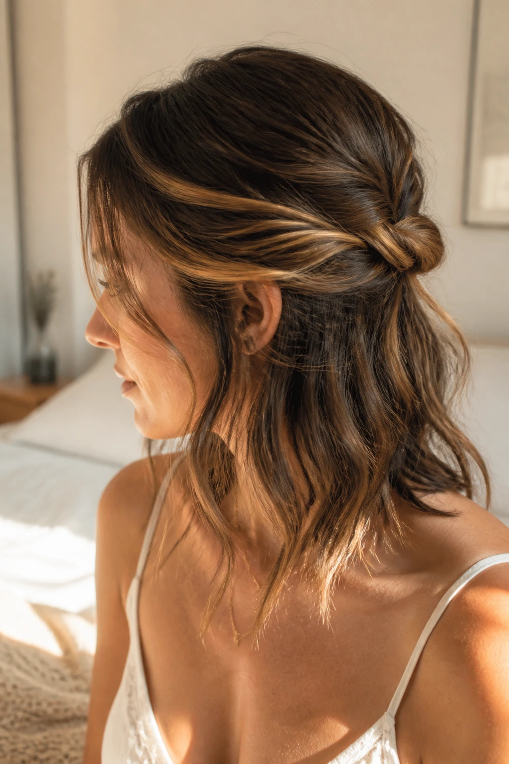 Close-up portrait of a real woman with a knotted messy half-up hairstyle