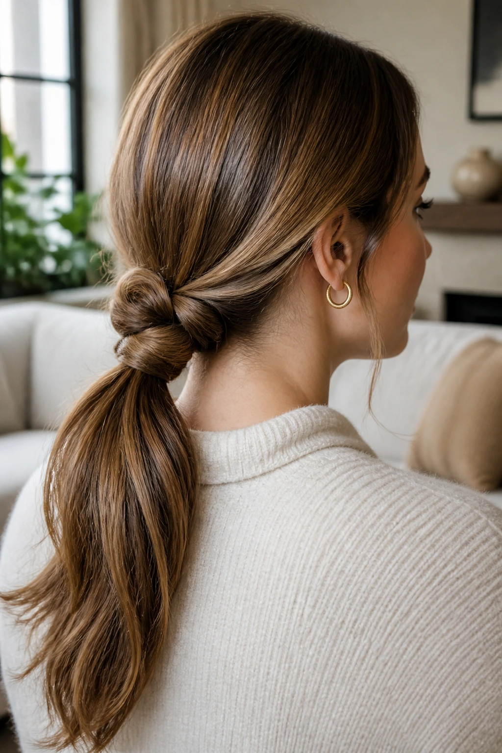 Close-up of a real woman with a knotted low ponytail.