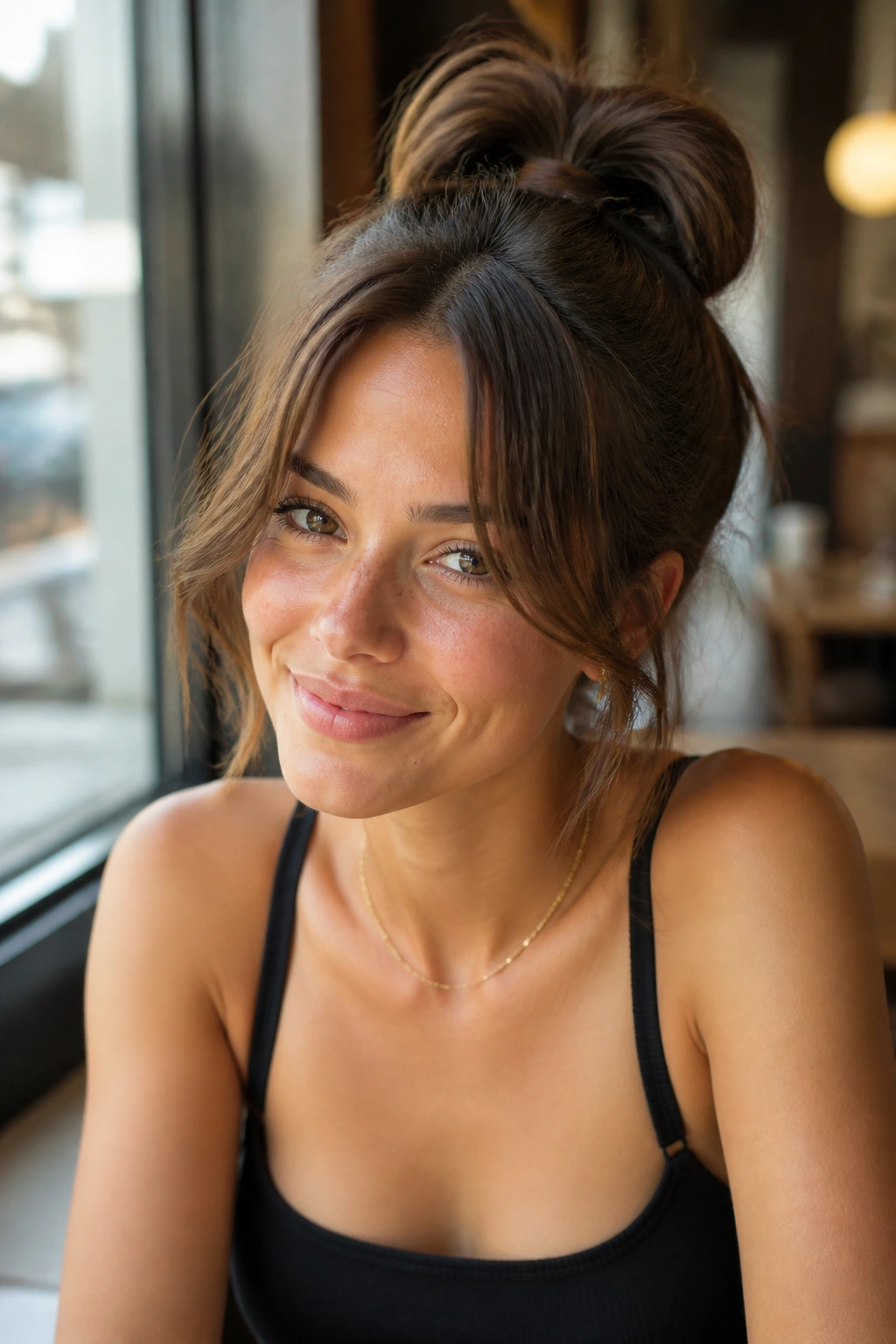 Close-up of a real woman in a knotted ponytail updo with curtain bangs under daylight