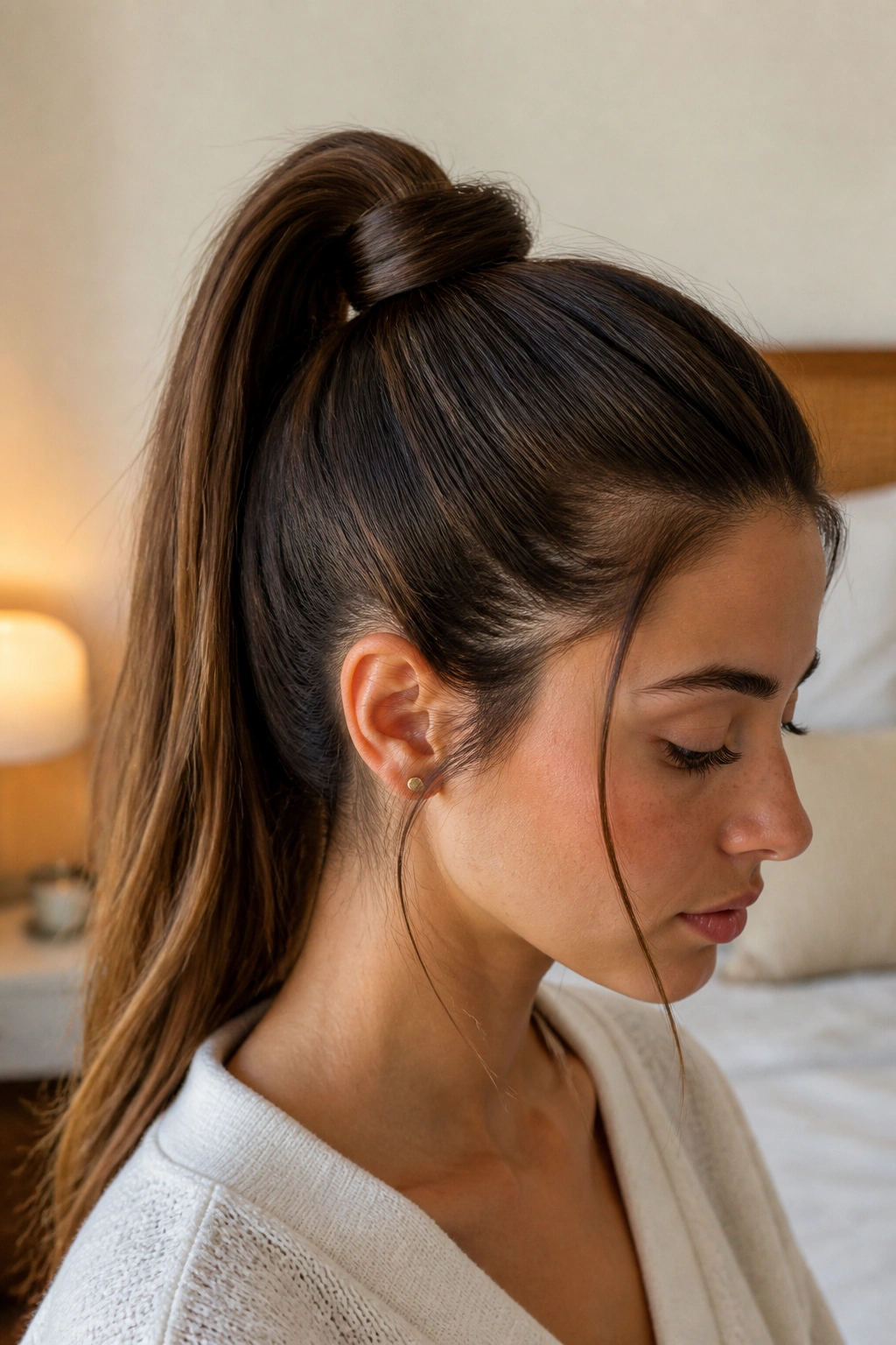Close-up of a real woman with a knotted crown ponytail in warm bedroom light