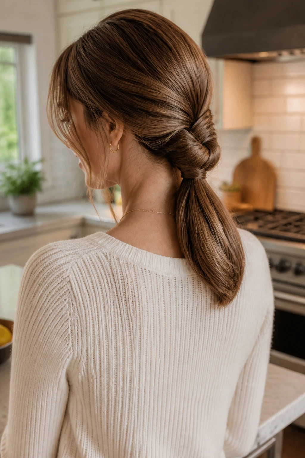 Three-quarter portrait of woman with knotted ponytail showing a knot at the back.