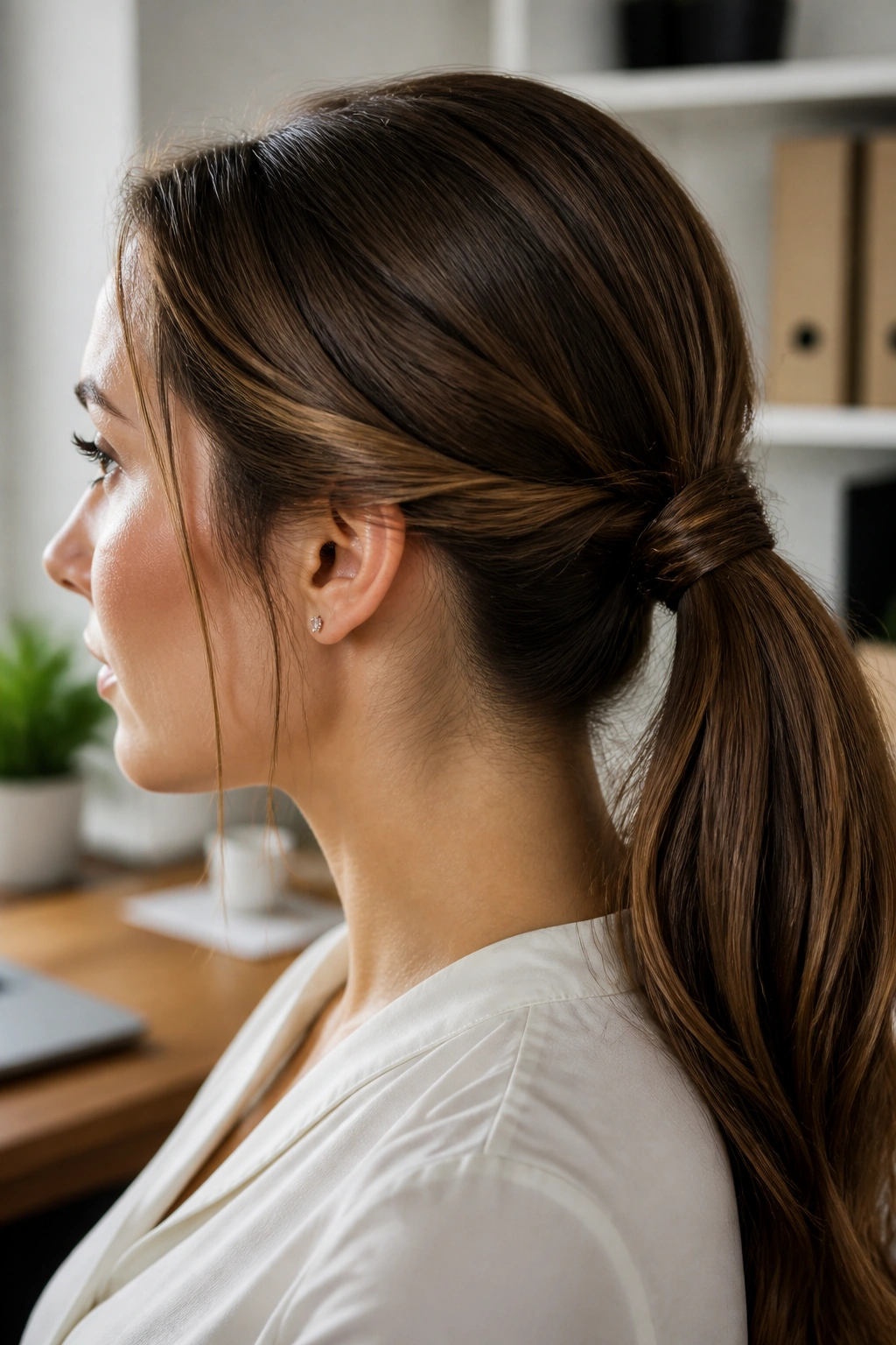 Close-up portrait of a real woman with a knotted ponytail in an office setting
