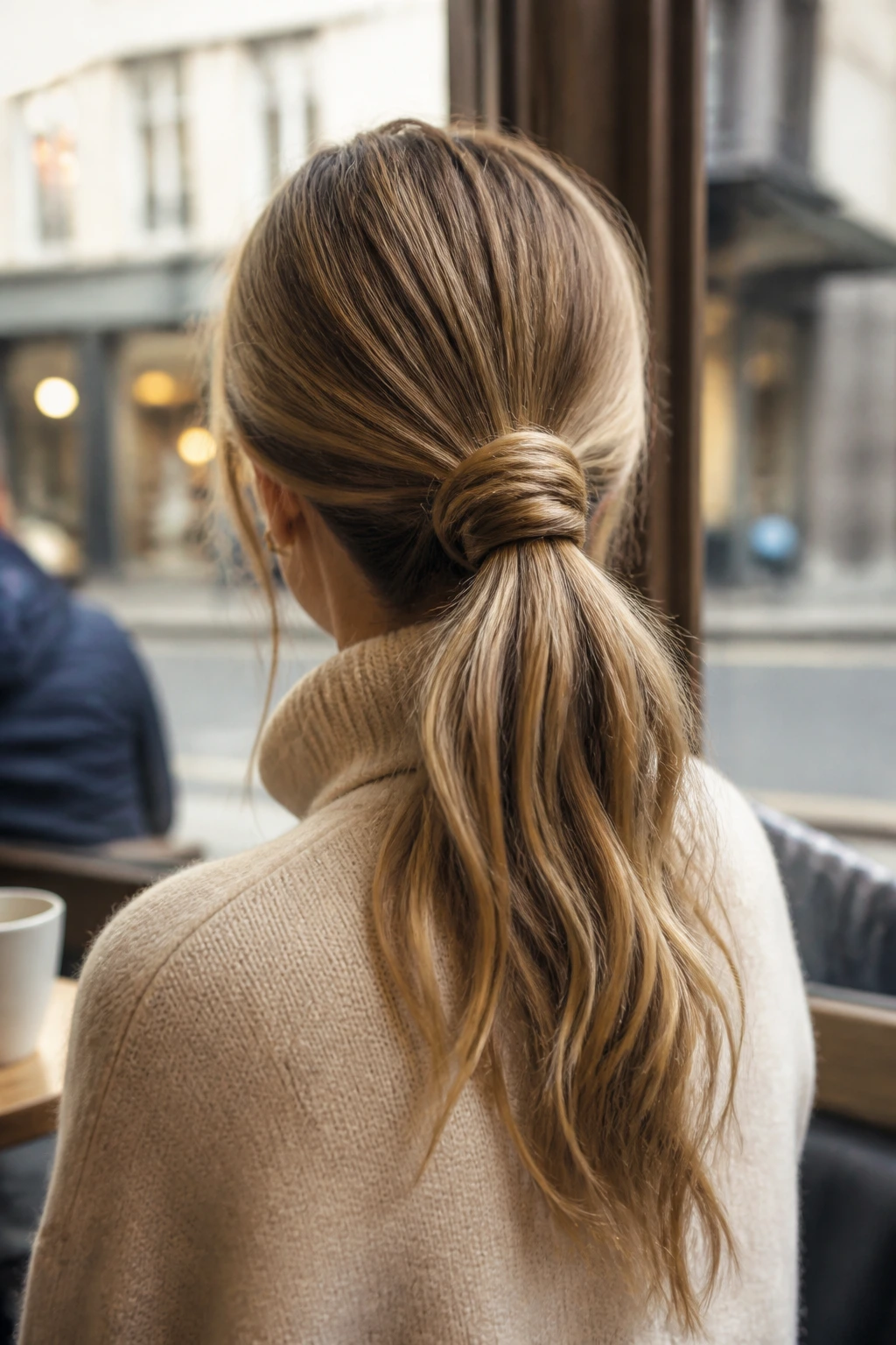 Back portrait of real woman with knotted ponytail