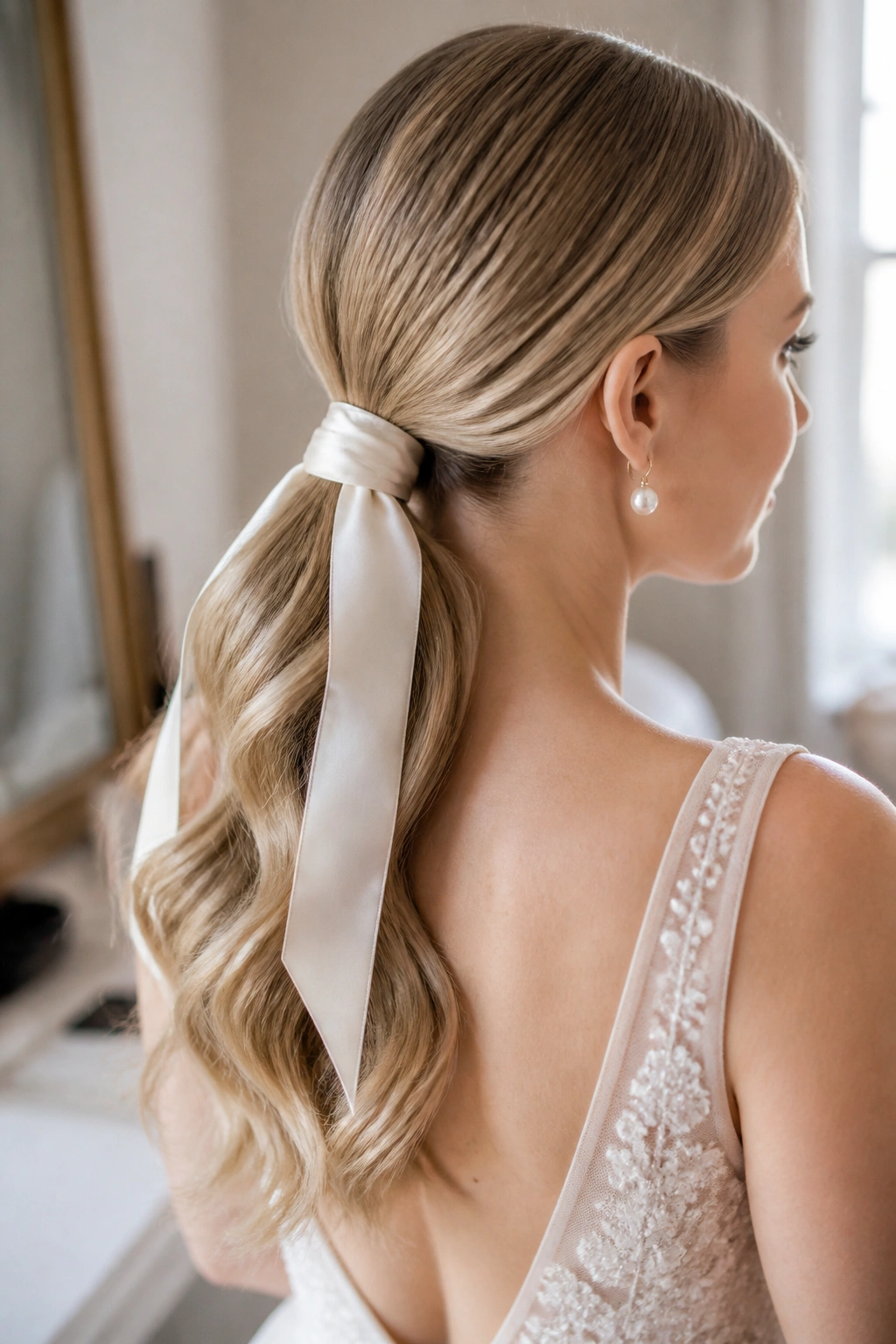 Close-up of a real bride's knotted ponytail with satin ribbon