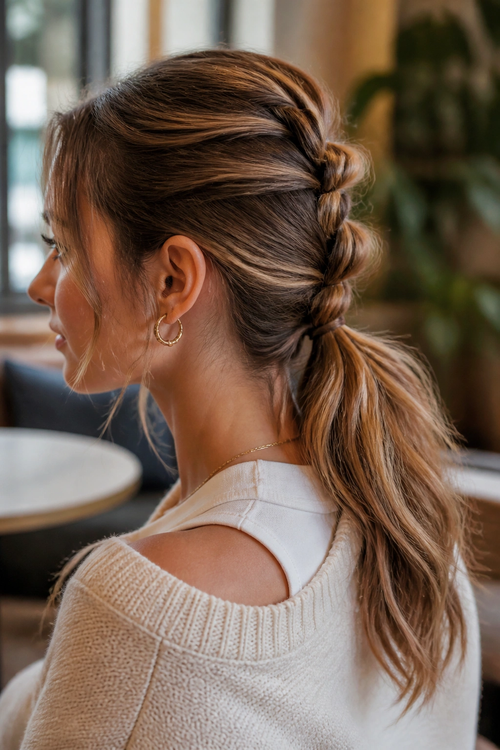 Close-up of a real woman showing soft-knotted ponytail near the nape.